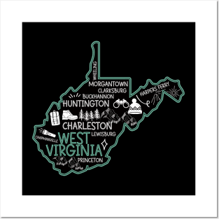 Cute map of West Virginia Charleston Lewisburg Huntington Morgantown Buckhannon Posters and Art